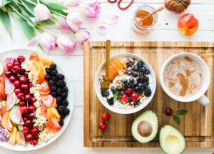 table of nutritious food and drinks, fruit, avocado