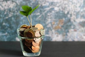 glass of coins with a small plant growing out the top